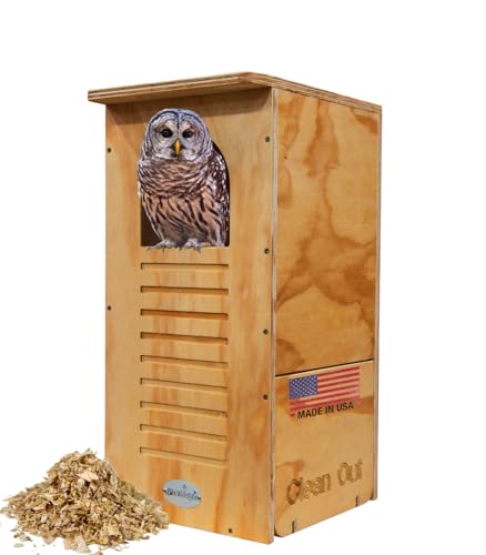 JCS Wildlife Barred Owl Nesting Box - Treated Exterior Grade Plywood - Mounting Hardware and Pine Shavings Included - Dedicated Clean Out Door for Easy Cleaning - Made in The USA