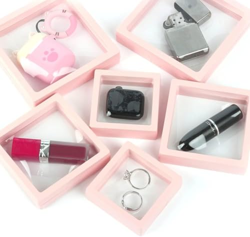Image of Floating Display Frame, Coin Display Case, Dustproof PE Film Transparent Jewelry Storage Box for Ring Necklace Bracelet, Floating Display Case for Coin, Jewelry per Availability (Medium Pink 10pcs)