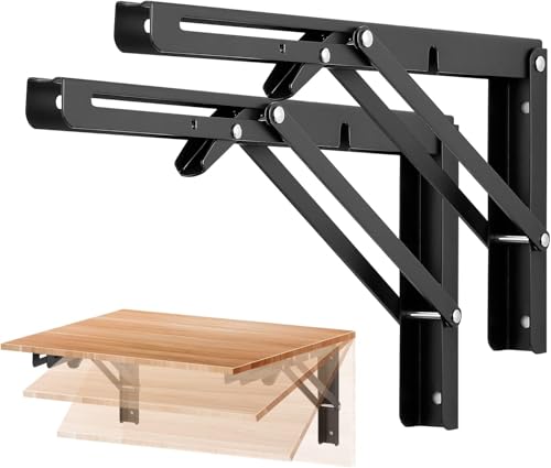 Image of Ravinte 6 Pack 12 Inch Folding Shelf Brackets - Matte Black, Heavy Duty Collapsible Brackets for Tables and Benches - Space-Saving Design