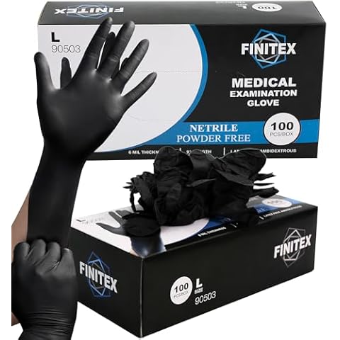 FINITEX Black Nitrile Disposable Medical Exam Gloves - Box of 100 PCS 6mil Gloves Powder-Free Latex-Free For Examination Home Cleaning Food Gloves (Large) Cover