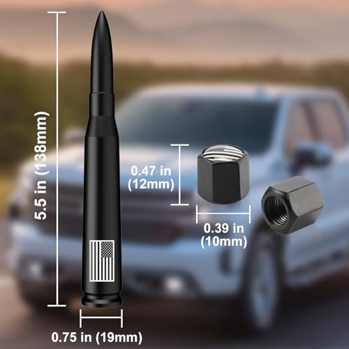 Image of Car Truck Bullet Antenna with Tire Valve Caps American Flag Universal Short Replacement for GMC Sierra Chevy Silverado Dodge Ram 1500 2500 3500 Ford F150 F250 F350 Super Duty Accessories, Matte Black