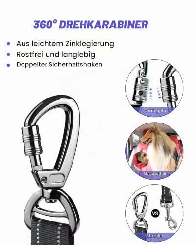 AUBELL Anschnallgurt Hund Auto,3-in-1 Bungee Hundegurt fürs Auto,Schwarz