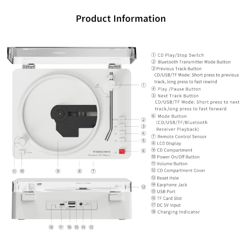 TOMASHI Portable CD Player with Bluetooth, Speakers, USB &TF Card Playback by TOMASHI - Used condition - Image 7