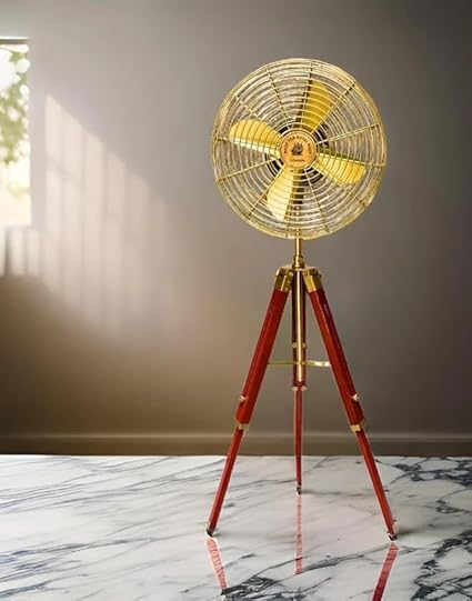 Handmade Brass Vintage Pedestal Fan with Wooden Tripod Stand – 14” Retro-Style Adjustable Floor Fan for Home Décor – Antique Reproduction Electric Fan – 59” Tall – Pack of 1-image-3