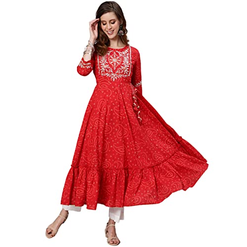 Image of ishin Women's Cotton Red Yoke Design Embroidered Anarkali Tiered Kurta