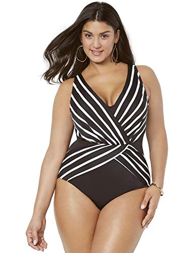 Swimsuits For All Women's Surplice One Piece Swimsuit - 6, Black White Stripe (Plus