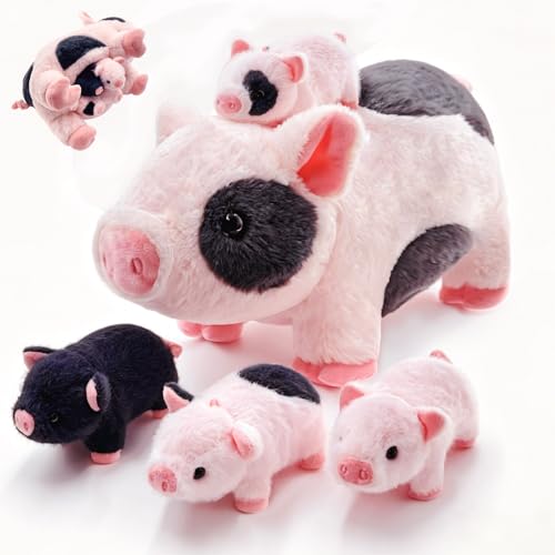 Image of Pig Stuffed Animal，Cute Pig Mommy Stuffed Animal with 4 Baby Pig Plushies in Tummy，Kawaii Pig Plush Toy Gift for Kids Girls Boys