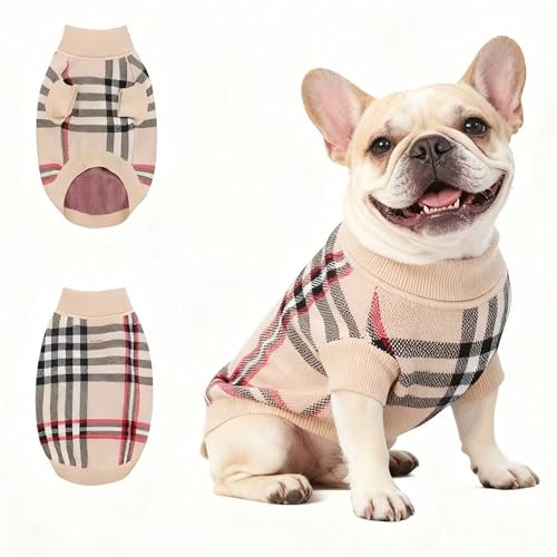 Image of Small /Medium Dog Sweater, Warm Dog Winter Coat w /Sleeves, Comfortable High Neck & Leash Hole, Premium Dog Clothes for Bulldog-Best for Holidays, Daily Walks L Apricot