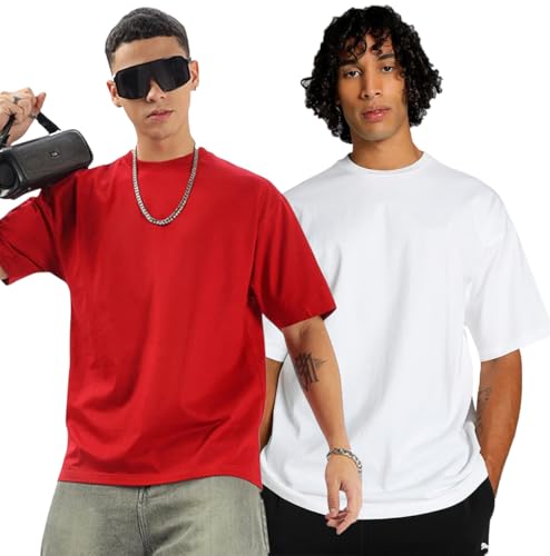 Image of Oversized Drop Shoulder Half Sleeves Round Neck Solid Pure 100% Cotton T-Shirt for Men Pack of 2