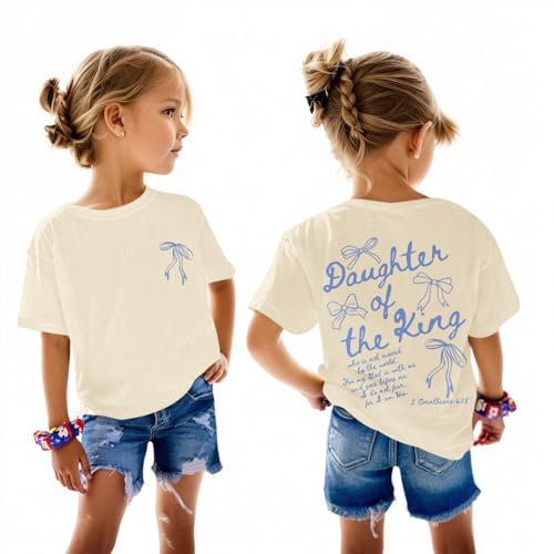 Fkatuzi Girls Christian Jesus Faith Shirts for Kids Cute Bow Shirt Daughter of The King God Bible Verse Graphic Tees Cotton(Apricot 7-8 Years)