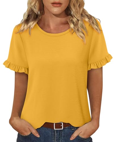 CRAZY GRID Women's Shirts Summer Casual Crewneck Ruffle Short Sleeve Blouses Cute Floral Print Tunic Tops