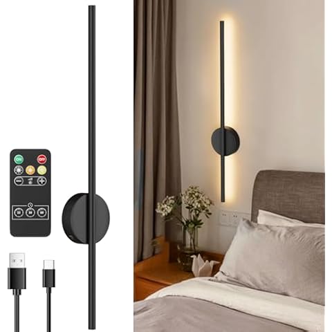 1 Pack Battery Operated Black Wall Sconce , USB Rechargeable Wall Lights with Remote Control, Dimmable LED Wall Lamp Indoor, 360° Rotation Wireless Lights for Living Room Bedroom Hallway, 31.5 inch Cover