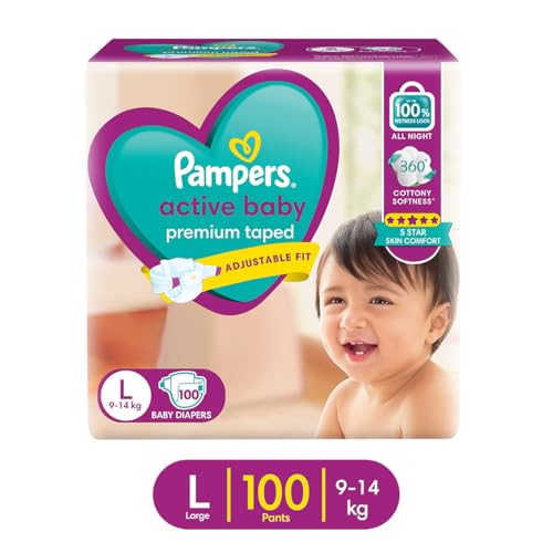 Image of Pampers Active baby Tape Style Baby Diapers, Large (L), 100 Count, 9-14 kg, Adjustable Fit with 5 Star Skin Protection (Pack of 4)