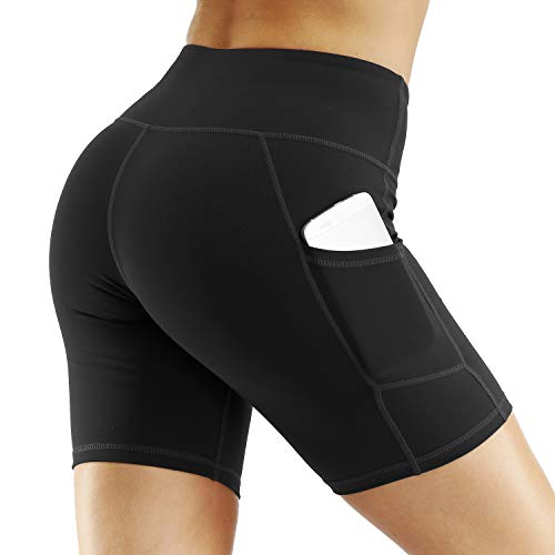 CQC Women\'s High Waist Yoga Shorts Compression Workout Running Bike Shorts Side Pockets Black XL - Thumbnail 3
