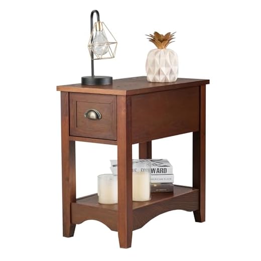 KOMFOTTEU Mesilla de Noche de Madera, Mesita Auxiliar con Estante Abierto y Cajón, Mueble Dormitorio con Patas de Madera de Caucho, Mesa Lateral Salón Vintage, 33 x 56 x 58,5 cm (1, Marrón Rojizo)