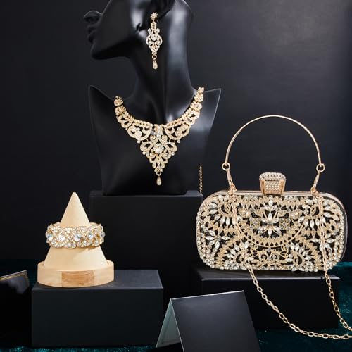 Image of Quelay 4 Pcs Purse Rhinestone Jewelry Set for Wedding Bridal Women Evening Clutch Bag Necklace Dangle Earrings Bracelets
