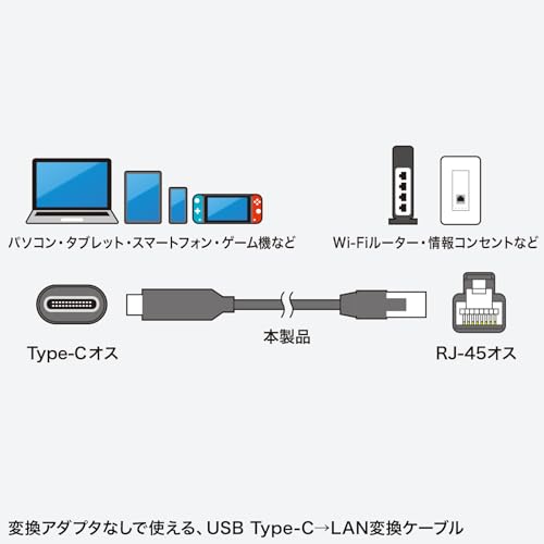 サンワサプライ(Sanwa Supply) USB Type-C LAN変換ケーブル KB-SL6CLAN03BK の商品画像 3