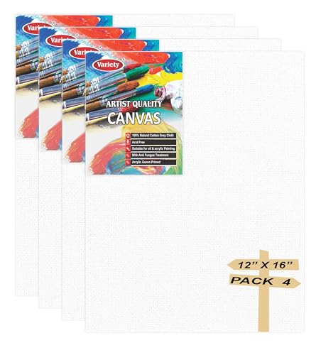 Variedad de tableros de lona de algodón de 12 x 16 pulgadas para pintar, imprimado de 7 onzas, paquete de 4 piezas, color blanco blanco