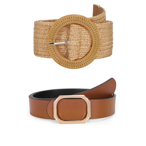 SUOSDEY Straw Woven stretchy Waist Belt Bundle with Women Reversible Leather Belt