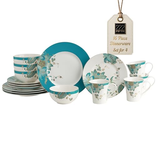 222 Fifth 16-Piece Porcelain Dinnerware Set for 4, Elegant Floral Plates and Bowls Sets-White, Teal, Gold Ceramic Dishes, Chip Resistant Kitchen and Dining Dish Set, Microwave & Dishwasher Safe, Eliza