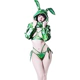 [SENMHS] サイバー風 逆バニー コスプレ セクシー バニーガール風 過激おっぱい見せ ハイレグランジェリー カチューシャ付き グリーン トップス＋ブラ＋Tバック＋ニップレス付き 大胆仮装 衣装セット レディース用 ワンサイズ うさぎ誘惑コスチューム