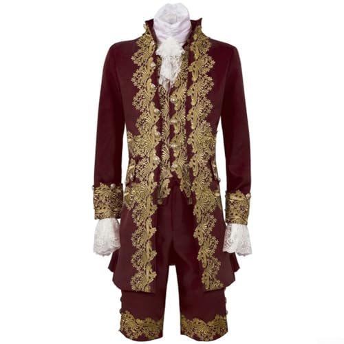 Yhenlovtt Costume de gentleman Renaissance pour homme avec manteau, gilet, pantalon et détails de poignet avec motif vintage (taille M, rouge)