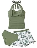 Girls Bathing Suits for Teens Size 14 16 Tankini Swimsuits with Short 3 Piece Kids Olive Green Swimming Suit Bikini Sets Tropical Floral...