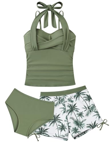 Girls Tankini Swimsuit Size 10 12 Teens Swim Bathing Suit Kids 3 Piece Juniors Olive Green Bikini Swim Short Tummy Control Halter Modest Swimwear with Swim Short