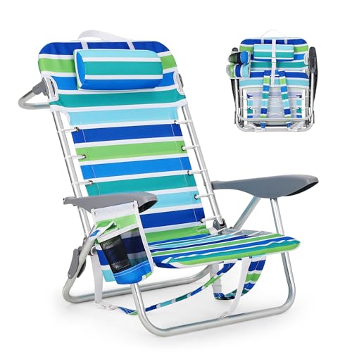 GarveeLife Backpack Beach Chair for Adults, Lightweight Portable Lay Flat Folding Beach Chair with 5 Reclining Positions, Backpack Straps, Phone Pocket, Cup Holder & Towel Bar, Support to 350LBS by GarveeLife - Used condition - US$29.88
