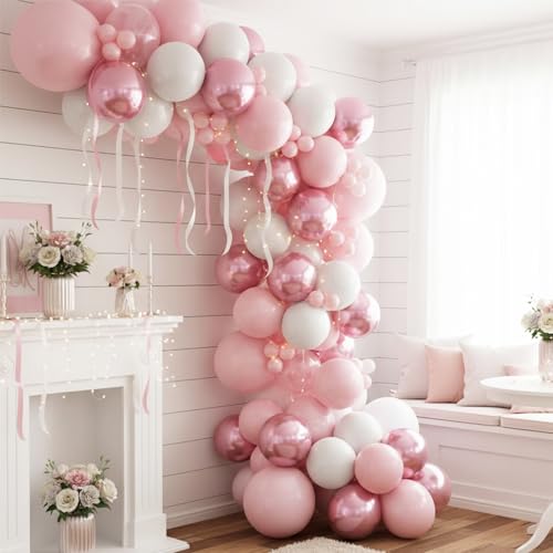 Image of Pink Balloons Set, 12 Inch Metallic Light Baby Pink and White Balloon, Pearlpink Ivory Latex Balloons for Girls Women Birthday Baby Shower Wedding Valentine Bachelorette Easter Christmas Party Decor