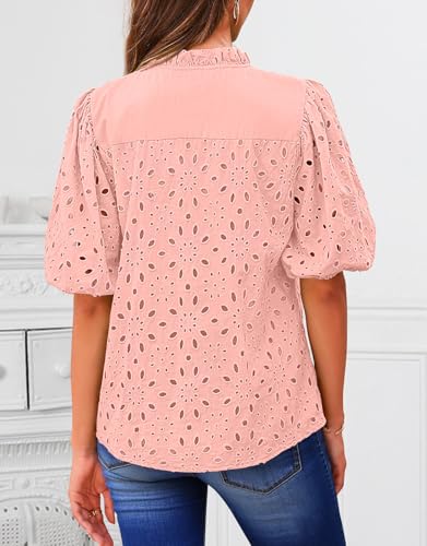BETTE BOUTIK Women's Long Short Sleeve Tops 2025 Dressy Casual Button Hollow Out Lace Embroidered Blouses Shirts