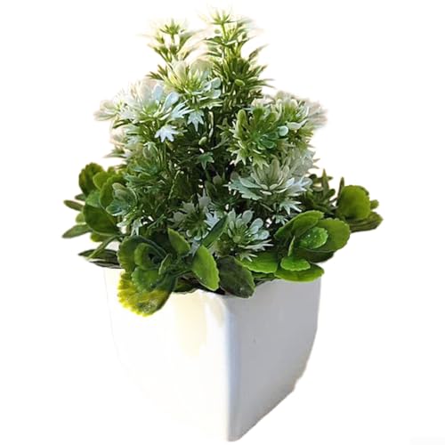 Bonsái de crisantemo artificial en maceta cuadrada de plástico para decoración de interiores, sala de estar, dormitorio, estudio y espacio comercial (blanco)