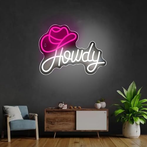 Image of Howdy Neon Sign with Cowboy Hat, Pink and White LED Neon Light for Wall Decor, Dimmable Western Neon Signs for Bachelorette Party, Nashville Decor, Cowgirl Bedroom, Bar, Dorm Art (12.7 inch x 13.1 inch)