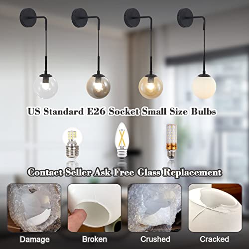 Image of BOKT Mid Century Modern Black Wall Sconce Light Clear Glass Globe Ball Wall Lighting Minimalist Adjustable Bedside Wall Lamp 1-Light Vanity Bathroom Wall Light Fixture (Black+Clear)