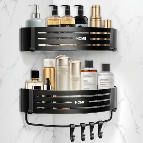 Carehabi Estante de Ducha sin taladrar, 2 Unidades de estantería de Esquina autoadhesiva, Organizador de baño con 8 Ganchos, Color Negro, Cesta de Ducha para baño y Cocina