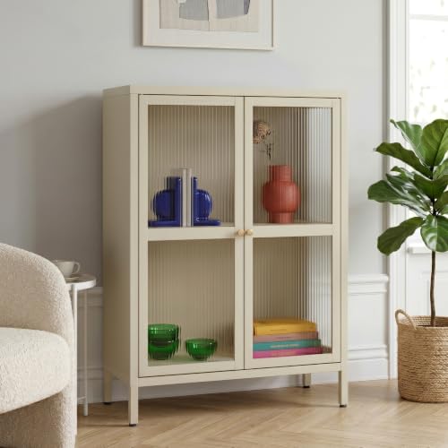 [en.casa] Aparador Säkylä Puertas de Vidrio Acanalado 84x66x35 cm Cámel