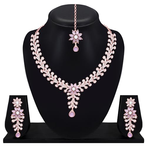 Atasi International Diamond Necklace Jewellery Set for Women with Earrings and Maang Tikka for Wedding, Party, Engagements & Festivals (Image - 6)