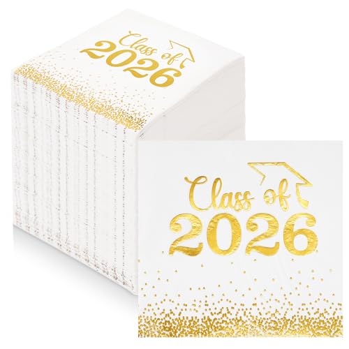 Mljsh 100 PCS Graduation Napkins Class of 2026 - White and Gold Polka Dot Grad Napkins Cocktail Napkin for Graduation Party Favors Table Decors
