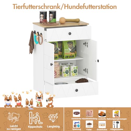 Haustier-Futterschrank mit Lagerschrank, Futterschrank Hund mit 2 Edelstahlnäpfen & 3 Haken, Hundefutterstation mit Schubladen & Verstellbarer Ablage, Hundebar für Hunde, 61x35,5x82,5cm (Weiß)