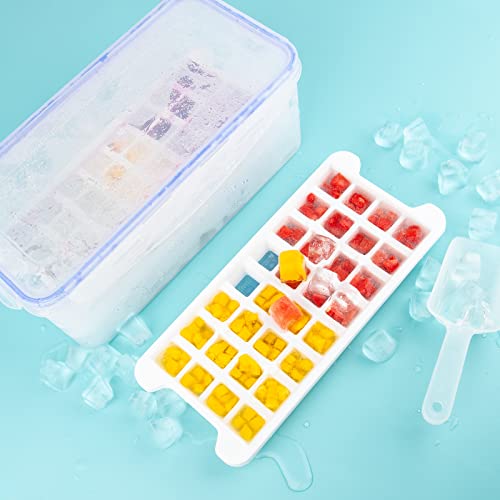 Ice Cube Tray For Freezer 3 Pack With Bin And Scoop, Upgraded Silicone Bottom/Plastic Frame Easy Release, Small Ice Cube Mold Securely Stackable In Box (32×3 Pcs) #TOP1
