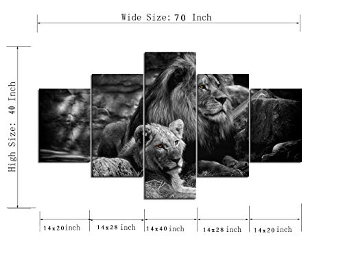 Yatsen Bridge Modern Lion And Lioness Canvas Wall Art 5 Panels Black And White Lions Painting Prints On Posters Easy To Hang For Home Decor - 70" Wx40 H #TOP4