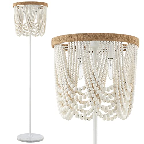 Image of VILUXY Bohemia Wood Beaded Boho Floor Lamp - Antique Rustic White Finishing for Bedroom, Nursery, Dining, Girl Room - 3-Light