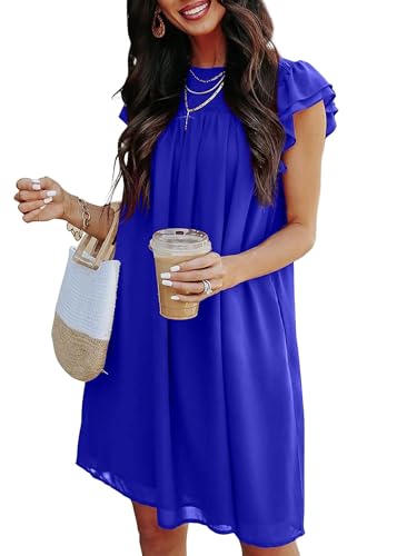 Image of KIRUNDO Spring Dresses for Women 2024 Casual Ruffle Sleeve Crew Neck Mini Tunic Shift Dress Cute Summer Flowy Chiffon Dresses(Royal Blue, Medium)