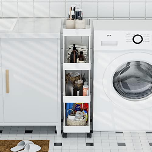 Otk Storage Cart 4 Tier Mobile Shelving Unit Organizer, Utility Rolling Shelf Cart With Wheels For Bathroom Kitchen Bedroom Office Laundry Narrow Places, White #TOP2