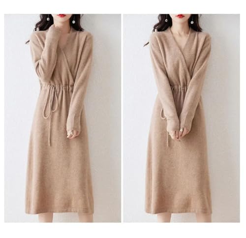 Women's V-Neck Pullover Dress 100% Merino Wool Long Sleeve Sweater Skirt with Waist Tie Autumn Winter Outfit4