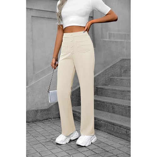 Womens Straight Leg Pants High Waist Stretchy Button Business Work Pants Dress Casual Trousers with Pockets2
