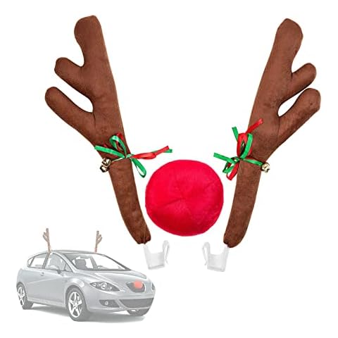 Xmas Car Reindeer Antlers & Nose Christmas Decorations for Car Jingle Bell Window Roof-Top Grille Rudolph Reindeer Kit Easy to Install Holiday Accessories for SUV Van Truck Gift Cover