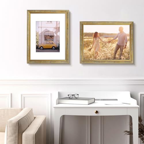 Image of Golden State Art,12x16 Ornate Picture Frame Holds 8.5x11 Photo,Vintage Gold | Includes real glass front,white mat,build-in hangers and buttons.Displays 8.5x11 photo on wall