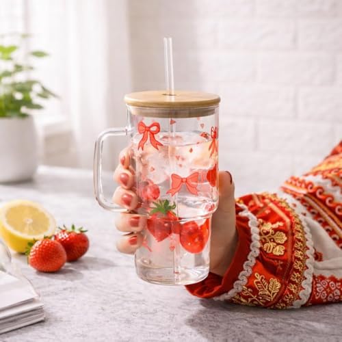 Image of Bow Glass Tumbler with Handle & Lid 1000ml | Iced Coffee Cup with Straw | Reusable Glass Mug for Cold & Hot Drinks Bow Design Iced Coffee Cup for Smoothies, Tea, Juice & Travel