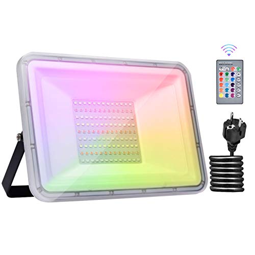 Viugreum 100W RGB LED Floodlight Led Foco Exteriores 16 colores y 4 modos Cambio de color, IP67 Impermeable,Luz de seguridad con control remoto,para Jardín Pastizales Navideña Iluminación(Con Memoria) Cover